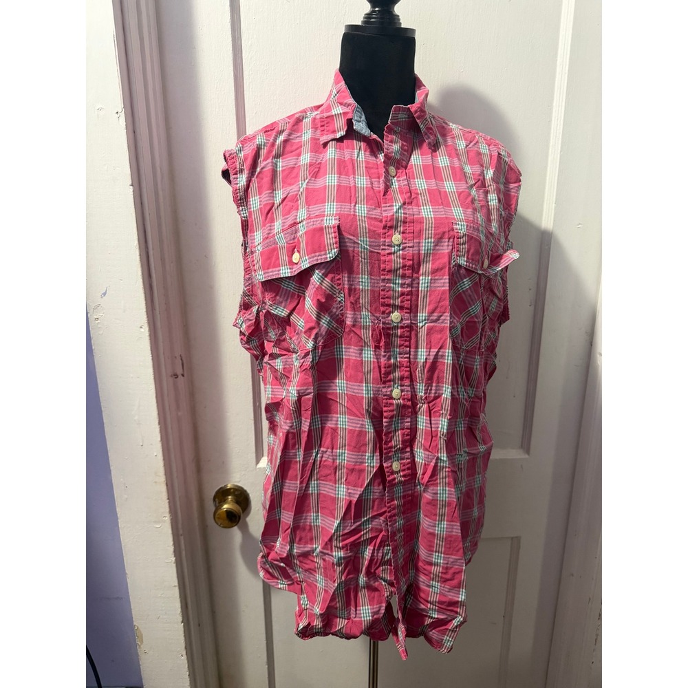 Nautica Pink Plaid Button Down Tank Top Sleeveless Shirt Large Pockets